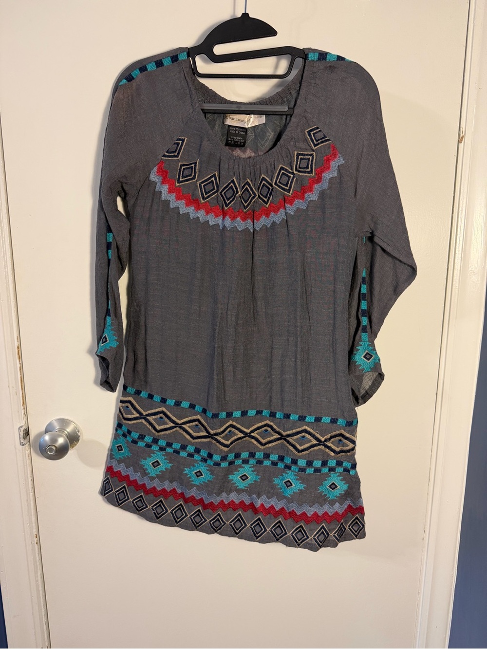 Urban Mangoz Gray Embroidered Midi Dress with Teal and Red Accents Small